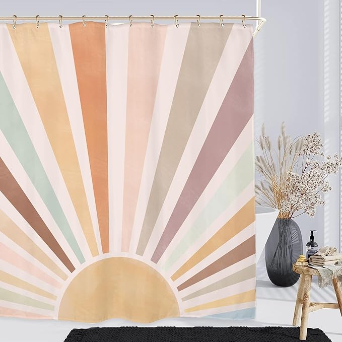 Miyotaa Sun Rainbow Retro Shower Curtain Set 71Wx71H Inches Minimalist Art Colorful Pastel Girls Abstract Colorful Aesthetic Vintage Polyester Waterproof Bathroom Curtain with 12 Hooks