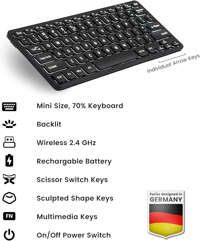 Perixx PERIBOARD-732B Wireless Backlit Mini Keyboard - X Type Scissor Keys - White Backlit - US English,Black,11950