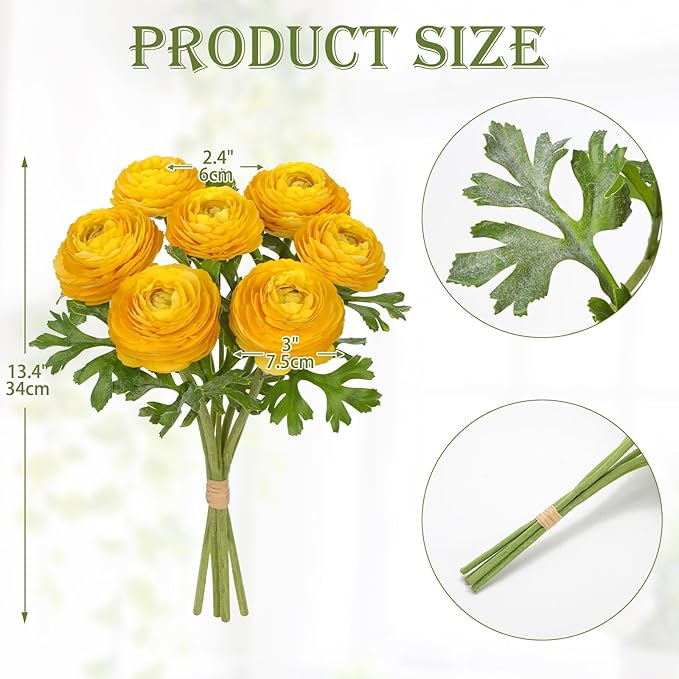 Hollyone 7 Heads Ranunculus Artificial Flowers Yellow Fake Ranunculus Small Bouquets Silk Flowers Faux Floral Centerpieces Arrangements for DIY Home Decor Wedding Party Bridal Shower Decorations