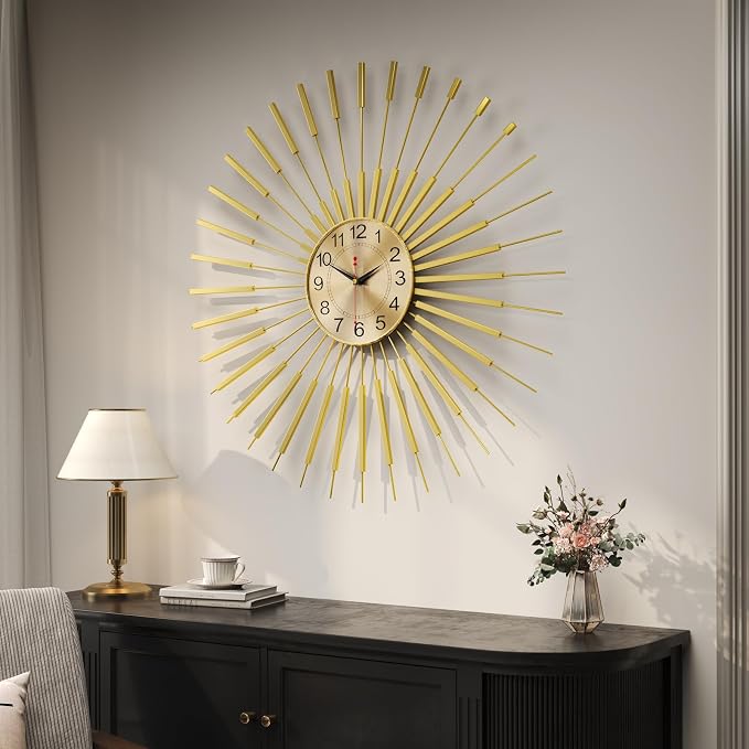Cuspin 30 Inch Large Wall Clock Gold Clock Wall Decor, Mid Century Modern Sunburst Silent Non Ticking Battery Operated Decorative Metal Wall Clocks for Living Room, Dining Room, Bedroom, Office
