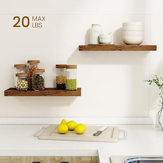 Dreamland Floating Shelves, 20Inch Rustic Wooden Wall Shelves for Bathroom|Bedroom|Kitchen, 2 Pack Deep Wall Mounted Book Shelf, Wood Storage Display Shelf for Home Decor, Rustic Brown