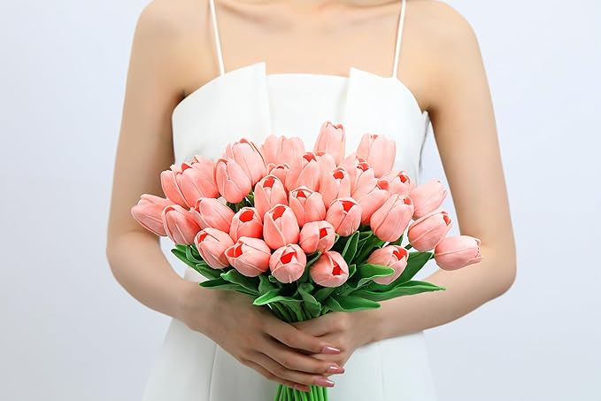 20pcs Pink Tulips Artificial Flowers Fake Silk Tulips Real Touch Flowers for Spring Kitchen Wedding Home Decor Arrangements Easter Decor 14 Inch