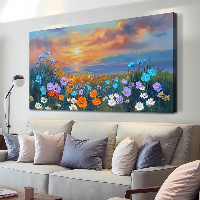 Ardemy Landscape Wall Art for Living Room Extra Large Wildflower Pictures Wall Decor Coastal Sunset Floral Canvas Textured Bedroom Flower Paintings Artwork Home Office, 58"x29"