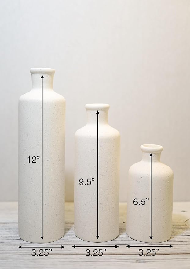 Tall Off-White Ceramic Vase Set of 3– Large Modern Farmhouse Decor Vases for Living Room, Coffee Table & Shelf Styling – Minimalist Neutral Decorative Flower Vases, Elegant Home Accent Gift