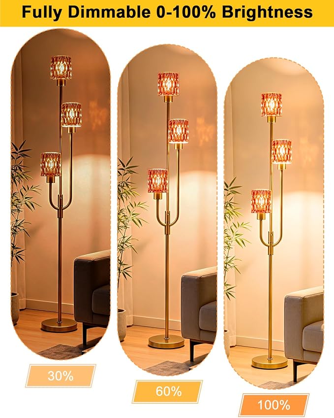 66IN Glass Floor Lamp 3-Lights Modern Gold Dimmable Floor Lamps with 3000K Warm White Bulbs for Wedding Party Modern Tall Standing Lamp with Deep Red Glass Shade for Living Room/Bedroom/Home Decor