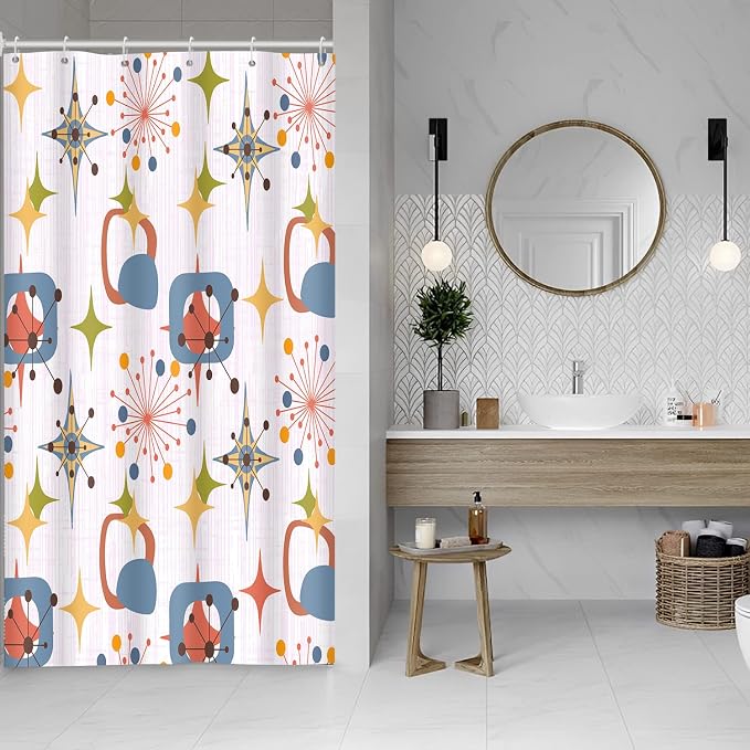Mid Century Shower Curtain, 48x72inch, Modern Abstract Retro Pink Striped Geometric Shower Curtain Sets 1950s Boho Bathroom Shower Curtain with 8 Hooks
