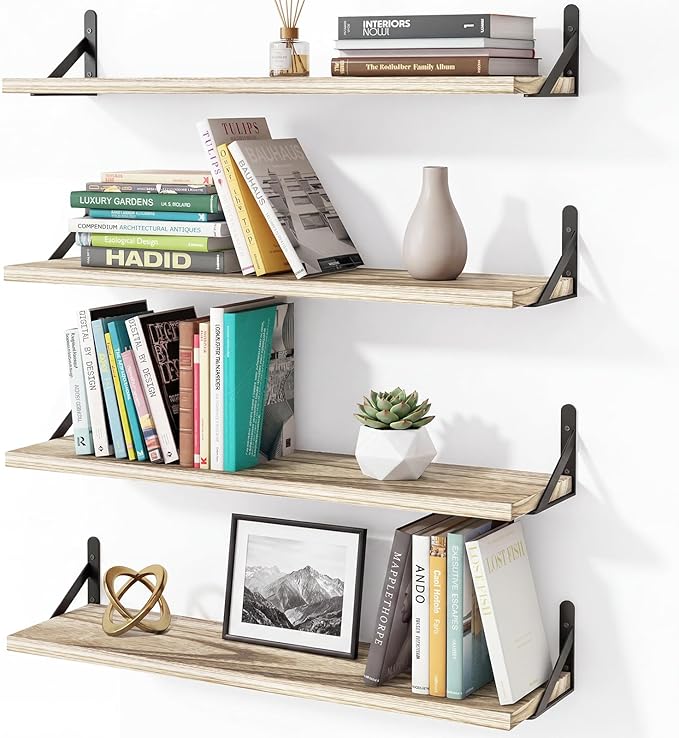 YGEOMER Floating Shelves for Wall, 23in Light Carbonized Brown Wall Shelves for Living Room, Bathroom, Bedroom, Kitchen, Home Decor (Set of 4)
