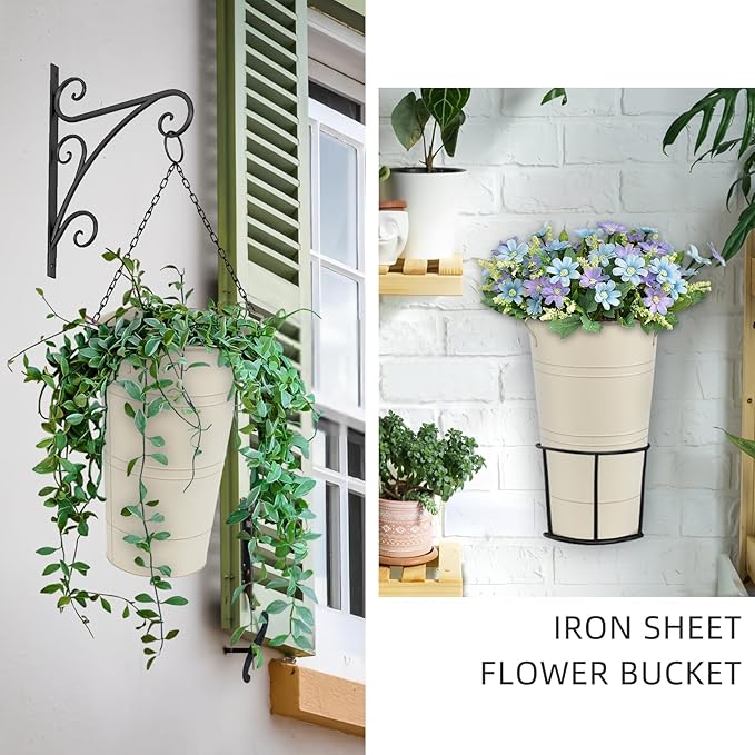 Notakia 12 Inch Large Galvanized Metal Vases Farmhouse French Flower Bucket Vases for Cut Flowers for Home Decor and Wedding Table Centerpiece Decorations (Large Beige 4Pcs)