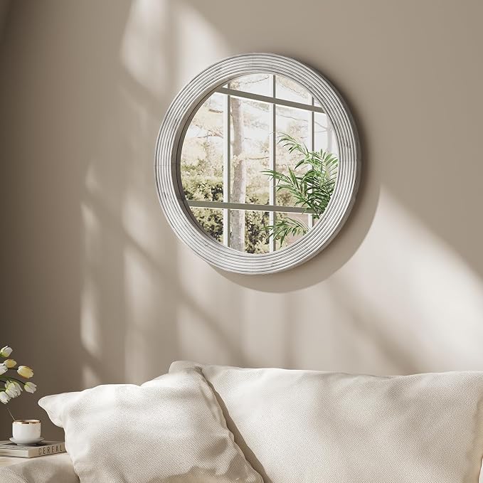 ULIKE Round Mirror for Bathroom 24x 24 Inch, Farmhouse Rustic Wood Frame Wall Mirror, White Vanity Circle Mirror for Bedroom Living Room Entryway Decor