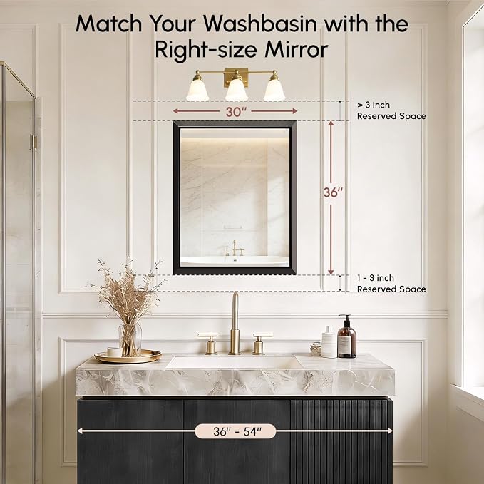 USHOWER 30x36 Inch Floating Bathroom Mirror - Brushed Black Wall Mirror for Over Sink, Anti-Rust, Modern HD Reflection Rectangular Beveled Aluminum Frame Vanity Mirror(Copper-Free Silver Coating)