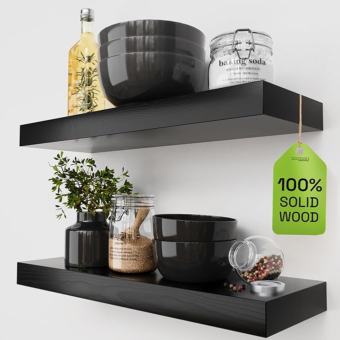 BAOBAB WORKSHOP Solid Wood Floating Shelves for Wall 20 Inch Wide, Wooden Bathroom Shelves for Room Wall, Heavy Duty Shelf Mounted Kitchen Bedroom Rustic Farmhouse, Black Shelf, 20W × 6.7D, Set of 2