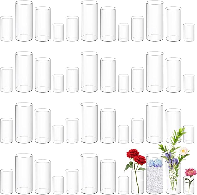 48 Pack Acrylic Cylinder Vases 4,6,8 10 Inch Tall Clear Acrylic Flower Vase Bulk Floating Candle Holders Cylinder Plastic Vases for Centerpiece Table Wedding Home
