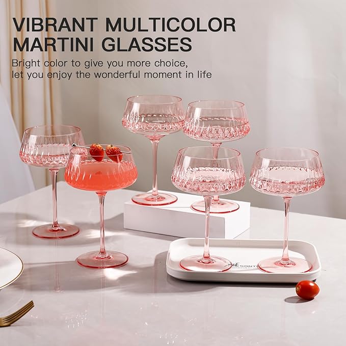 JOVGANK Pink Martini Glasses Set of 6, Hand Blown Cocktail Glass 14Oz, Large Vintage Champagne Coupe Glasses, Crystal Retro Style Bar Party Wedding Gift for Ice Cream Dessert