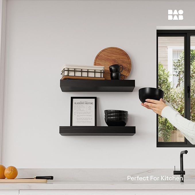 BAOBAB WORKSHOP Wood Floating Shelves for Bathroom Wall - Black Shelf 16 inch - Solid Wood Shelves for Wall for Bedroom Kitchen Living Room - Black Floating Shelves - 16 x 6.7 Inch, Set of 2