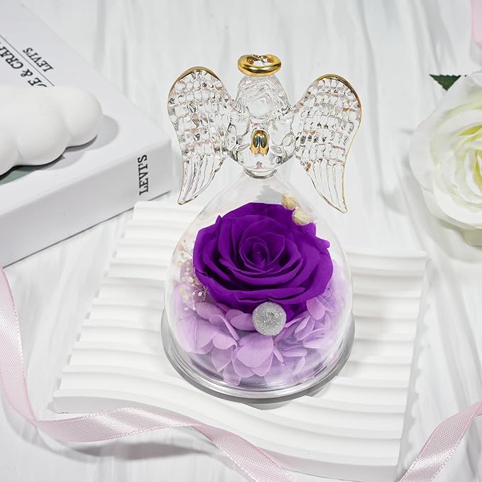 Sunia Preserved Flower Rose Gift for Women - Mother's Day Birthday Gifts for Mom Wife Grandma, Glass Angel Figurines Forever Real Roses Gifts for Her Valentine Day Thanksgiving (Purple)