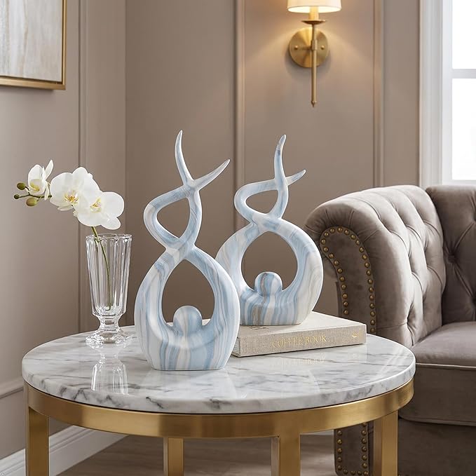 Blue Sculptures Home Decor, Dining Room Table Centerpiece Living Room Decor, Ceramic Statues Shelf Decor, Modern Abstract Art Desktop Entrance Table Decorations (Set of 2, 9.84" H & 8.86" H)