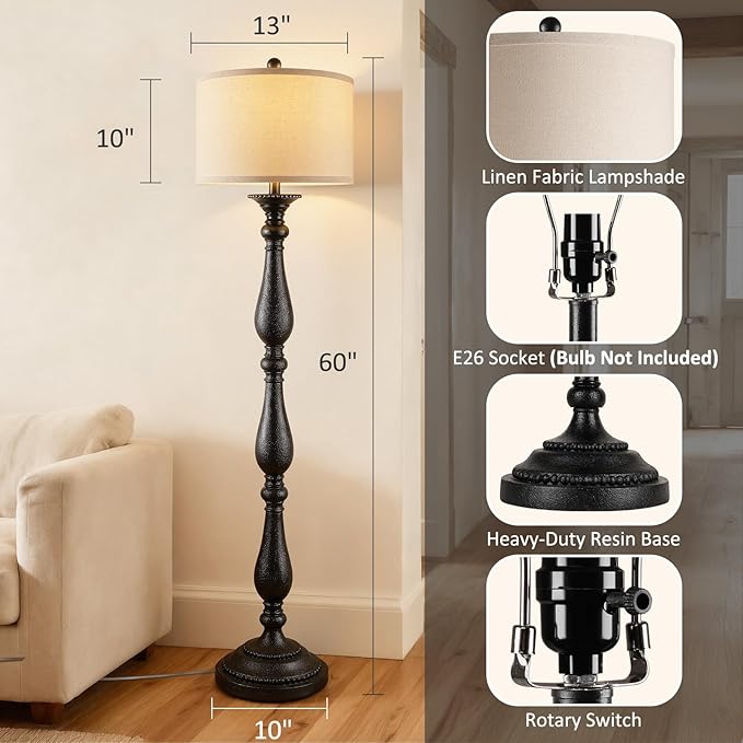 PARTPHONER Vintage Floor Lamp for Living Room, Rustic Farmhouse Standing Lamp with Rotary Switch and Linen Shade, Retro Resin Floor Lamp for Bedroom, Corner, Dining Room, House Decor, Black