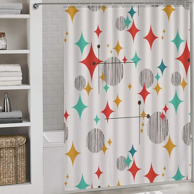 Mid Century Modern Shower Curtain,Atomic Starburst Geometric Diamond Pattern Shower Curtains Set for Bathroom Fabric Decorative Bath Curtain Washable Curtain Hooks, 72x72 inch