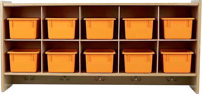 Cubby Storage Organizer Cubes, 10 Cubbies with Coat Hooks, Orange Plastic Bins, Hanging Wall Mount Cube Storage, Furniture for Kids Toys, Daycare, Classroom