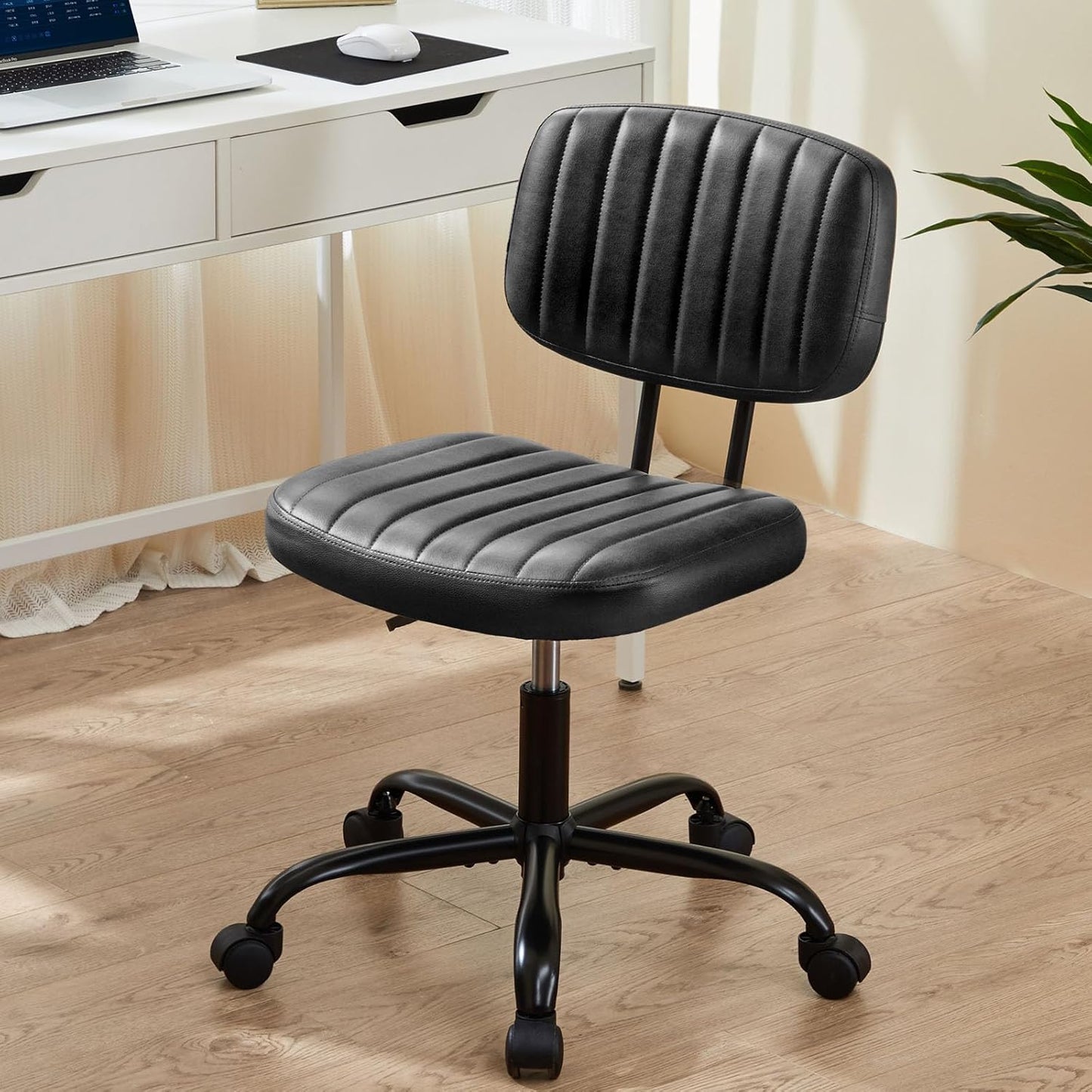 Sweetcrispy Small Office Desk Chair - Armless PU Leather with Comfy Lumbar Support | Height Adjustable, Black