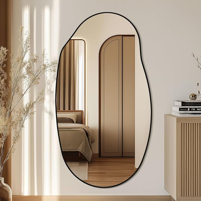 Mirrorons Irregular Wall Mirror 51×28, Black Asymmetrical Bathroom Mirror, Oval Aesthetic Full Length Mirror, Shatterproof Black Bathroom Mirrors
