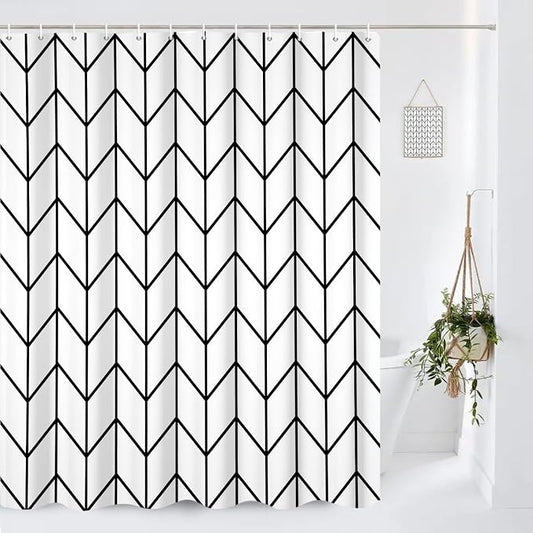 Boho Herringbone Shower Curtains Black White Zig Zag Geometric Bathroom Curtain Minimalist Abstract Polyester Shower Curtain Sets for Bathroom Extra Long 69x70 in with 12 Hooks