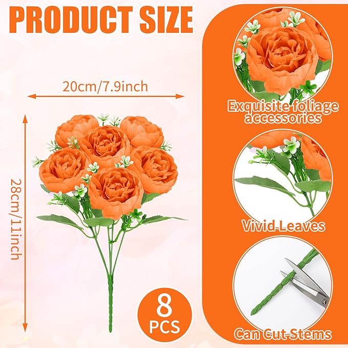 8 Pack Orange Peonies Artificial Flowers, Fall Fake Silk Hydrangea Bouquet for Bridal Wedding Home Table Decor Reusable Dining Opening Ceremony Birthday Arrangement Faux Floral