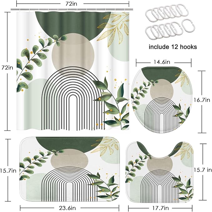 Boho Sage Green Mid Century Shower Curtain Set with Toilet Lid Cover and Non-Slip Rugs, Abstract Bohemian Gold Leaves Plant 4 Pcs Modern Minimalist Shower Curtain for Bathroom Set with 12 Hooks