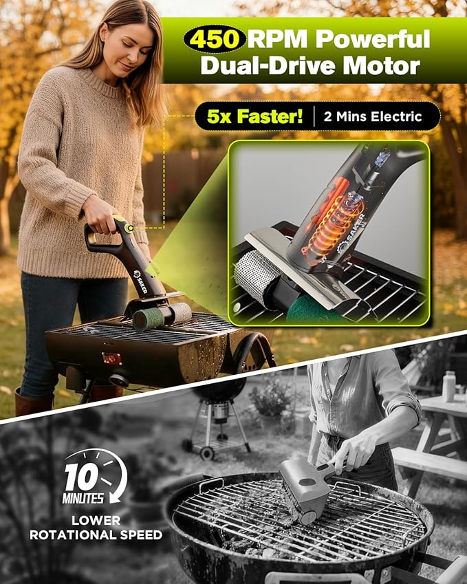 Saker Electric Grill Brush for Outdoor Grill, Bristle-Free Automatic Grill Cleaning Brush with 450 RPM & LED Light, Grill Rescue BBQ Brush Set with 3 Interchangeable Heads