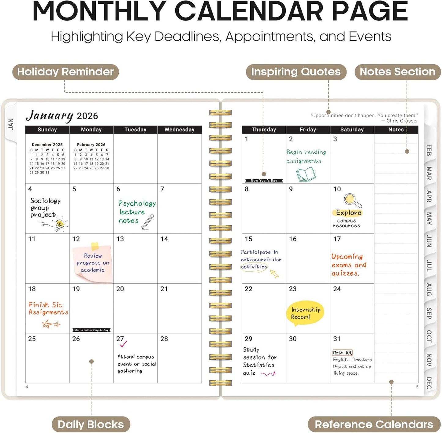 2026 Planner by [Brand Name] - Weekly & Monthly Calendar with Tabs, A5 Size (6.3" x 8.5"), Gray