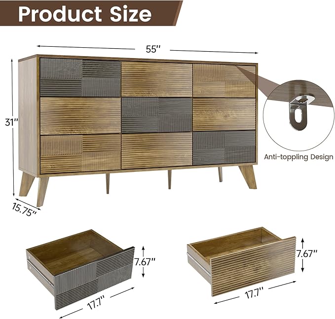 Hadulcet Wooden Dresser for Bedroom, 55” Long Mid Century Modern Fluted 9 Drawers Dresser Storage Clothes for Closet Organizer, Handleless Design, Push to Open, Dark Wood