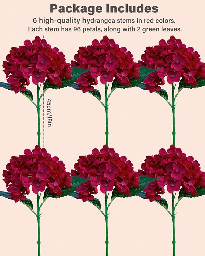 6PCS Premium Red Hydrangea Artificial Flowers Bouquets, Red Silk Hydrangea Flowers Heads with Stems, Fake Hydrangeas Flowers Arrangement, Faux Hydrangea Decor for Home Wedding Party Baby Shower