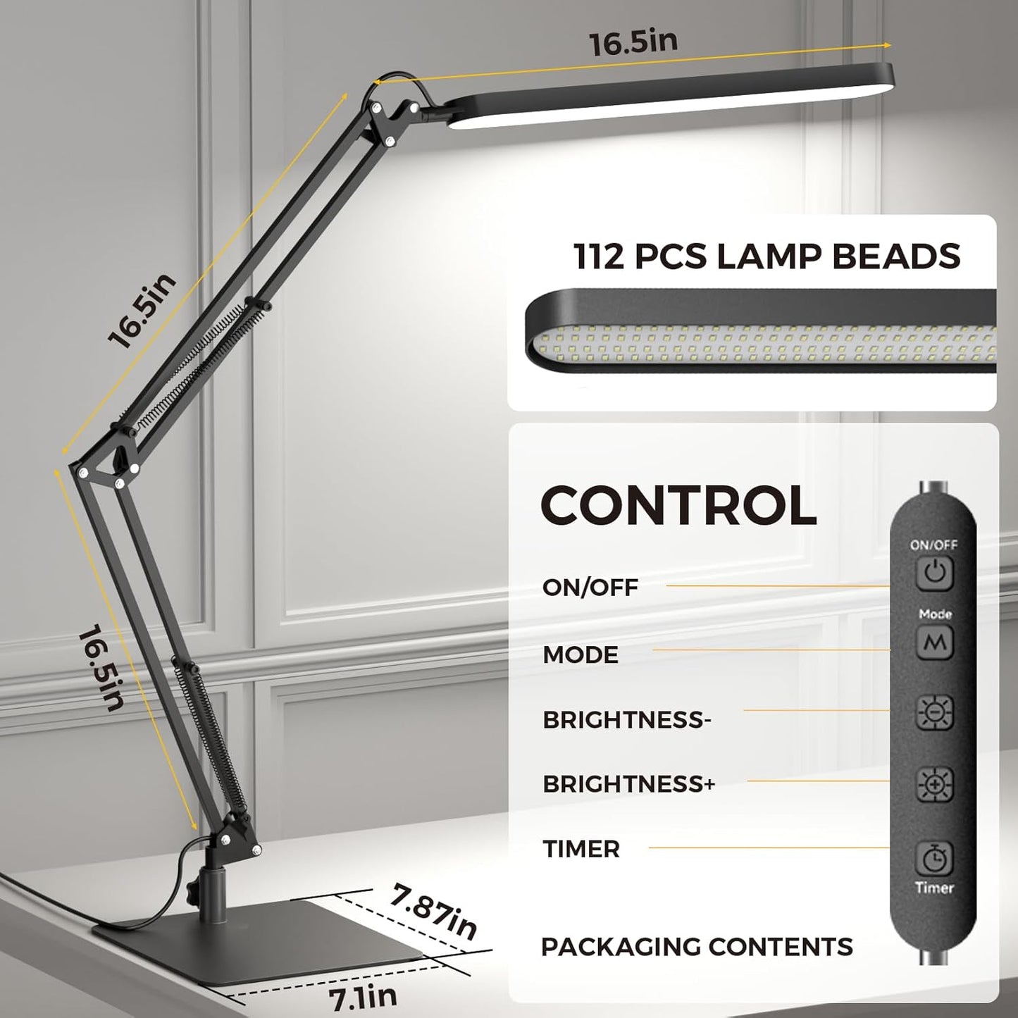 SKYLEO LED Desk Lamp - Adjustable Swing Arm, Dimmable, Eye Protection, 1300LM, 12W, Black