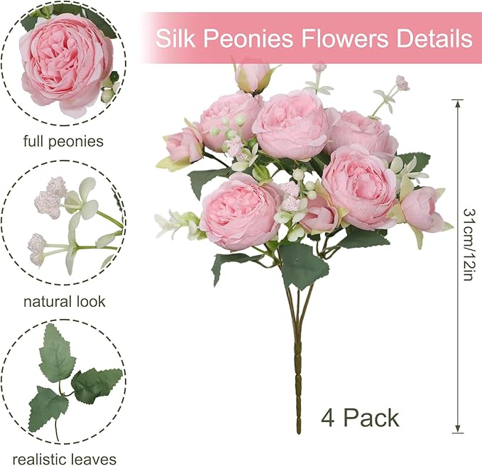 SOMYTING Peonies Artificial Flowers, Silk Flowers Faux Peonies Bouquet Fake Flowers Silk Floral Arrangements Dining Table Centerpieces for Home Wedding Party Decoration (Light Pink, 4PCS)