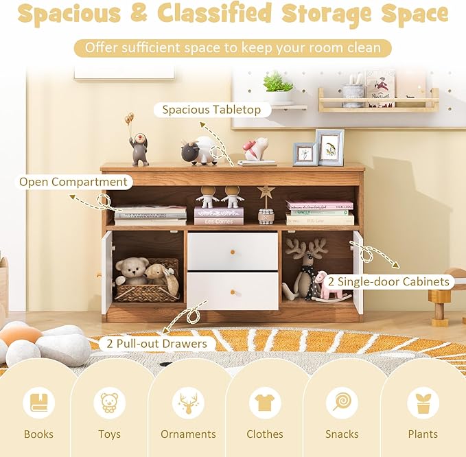HONEY JOY Kids Toy Storage Organizer, Wooden Floor Storage Cabinet Toy Chest w/Open Shelf, 2 Drawers & 2 Cubbies, Kids Display Bookshelf for Classroom, Playroom & Nursery, Kindergarten (Natural)