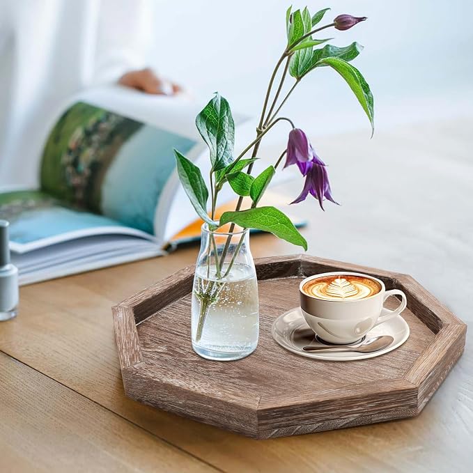 Rustic Candle Holder Plate Boho Wooden Decorative Trays for Coffee Table Farmhouse Kitchen Counter Home Decor Living Room Small Wood Serving Tray for Dining Table Centerpiece Bathroom Vanity Trays