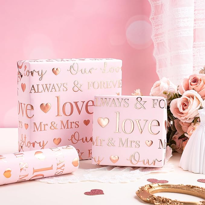 RUSPEPA Wedding Wrapping Paper Roll, Mini Roll, 17 Inches x 16.5 Feet, Pink Rose Gold Foil Ring Design, Perfect for Wedding, Bridal Shower, Anniversary