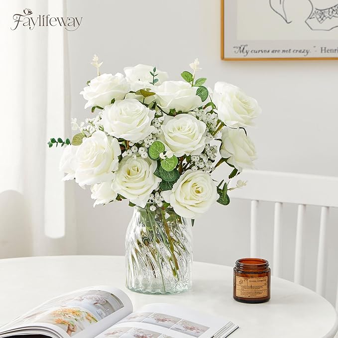 20PCS Artificial White Roses, 3.9'' Silk Flower Head Fake White Rose with Long Stems, Realistic Faux Roses Bouquet for DIY Wedding Home Party Office Decoration