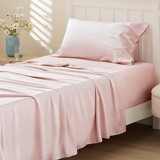 Bedsure Cooling Sheets Twin XL, Rayon Derived from Bamboo, Breathable & Soft Twin XL Sheet Sets, Deep Pocket Up to 16 Inches, Hotel Luxury Silky Dorm Bedding for Hot Sleepers, Pink
