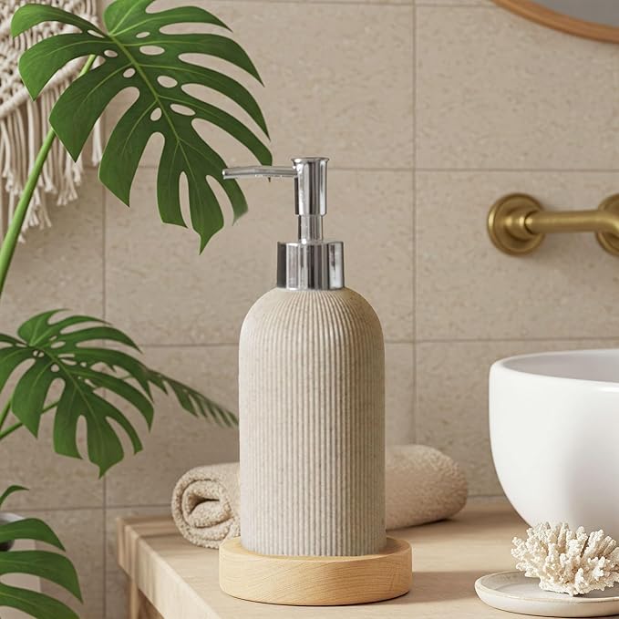 Sand Beige Hand Soap Dispenser for Bathroom and Kitchen with Pump, Luxury Farmhouse Style, Lotion, Dish Soap Dispenser, Sandstone Finish, Rust Proof, 7oz (Silver Pump)