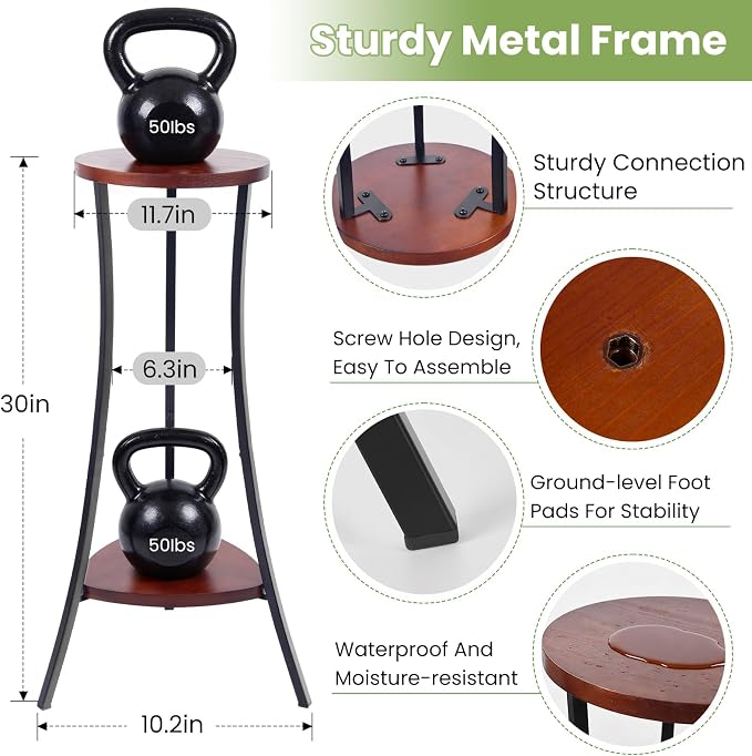 2-Tier Tall Plant Stand Indoor Outdoor, Round Wooden Corner Plant Shelf with Walnut Panel & Black Metal Frame, Modern Flower Pot Holder Rack for Living Room, Balcony, Patio Decor