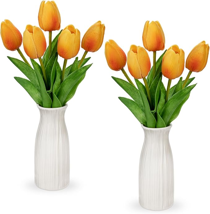 Briful 2 Packs Faux Flowers Artificial Tulips with Ceramic Vase, Poly Foam Orange Tulips Real Touch Flower Arrangement for Home Kitchen Wedding Centerpiece Decoration