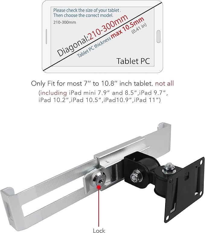 WeSTRUGGLE Tablet Wall Mount Holder with Anti Theft Lock,Rotate Design,Multi Angle,Bracket for Most 8 to 10.4 Inch,and for iPad 7.9" 8.3" 9.7" 10.2" 10.5" 10.9"& 11",Galaxy tab,& More,(Silver)