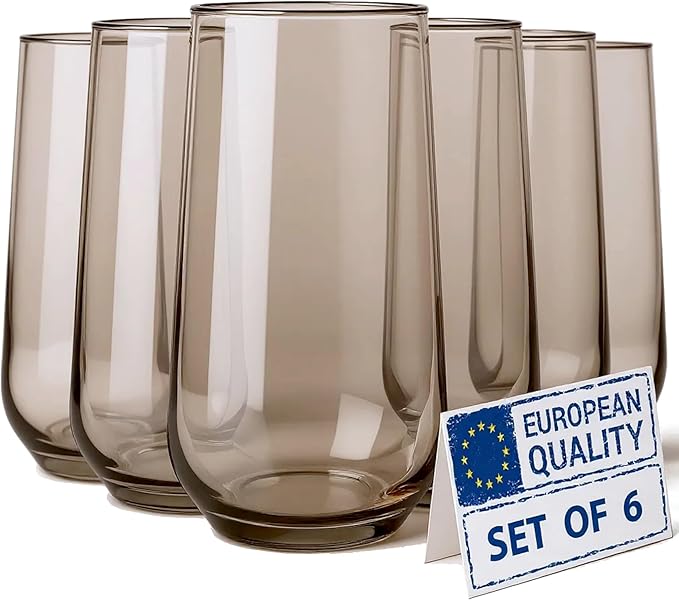 Smokey Sand Drinking Glasses Set of 6 | Translucent Brown Glassware | 16 oz Brown Glass Cups | Highball Drinkware for Cocktails, Long Drink, Mojito, Juice, Soda | Modern Tortoise Drinkware