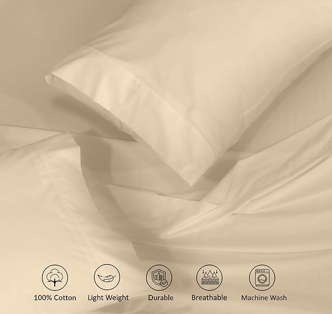 RUVANTI 100% Cotton Sheets Queen Size Set, 4 Pieces, Soft & Breathable Percale Weave Bedding, Deep Pocket 16", Hotel Standard, Crisp Cool Feeling, Durable, Perfect Dyed Bed Sheet, Beige