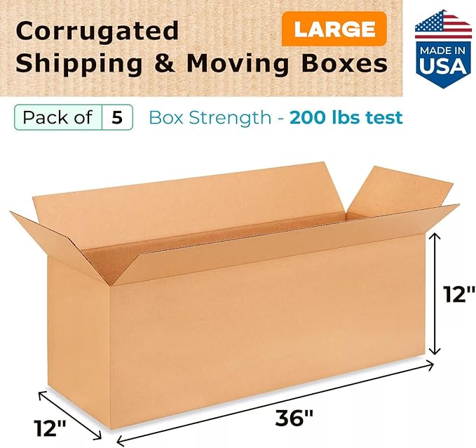 Exrta Large Shipping & Moving Boxes 36 x 12 x 12" (5-Pack) - Extra Strength 200 lb vs Regular - Corrugated Shipping Boxes for USPS - Packing Box for Moving - Cardboard Box by IDL Packaging