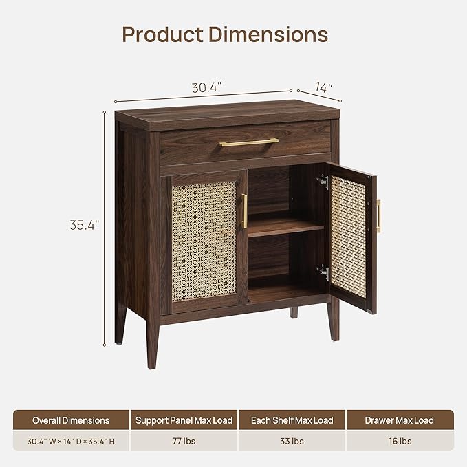 SICOTAS 30" Kitchen Sideboard Buffet Cabinet with Storage, Modern Coffee Bar Cabinet with Adjustable Shelves & Gold Mesh Doors, Storage Cabinet with Drawer for Living Room Entryway, Espresso Walnut