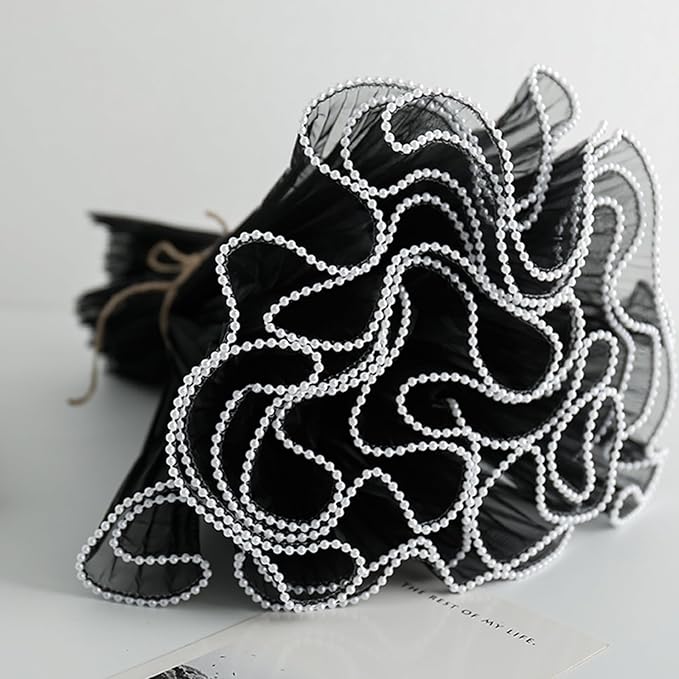 JXITON 4.37 Yards Black Flower Wrapping Mesh Paper, Pearl Edge Bouquet Packaging Paper Wrinkled Flower Bouquet Packing for Floral Arrangement Valentine's Day Mother's Day Wedding Florist Supplies