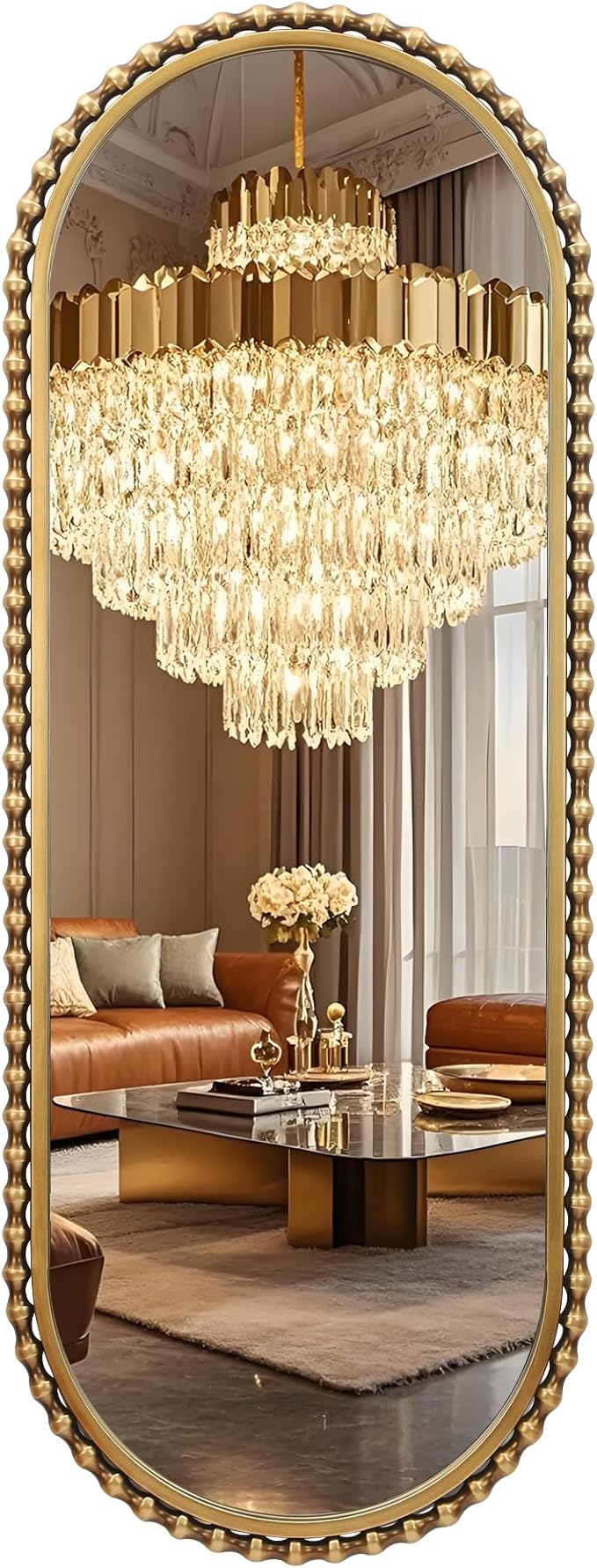 20"x53" Long Oval Full Length Wall Mounted Mirror, Antique Gold Beaded Metal Frame Large Decorative Wall Mirror, Vertical or Horizontal Hanging Tall Entryway Bedroom Living Room