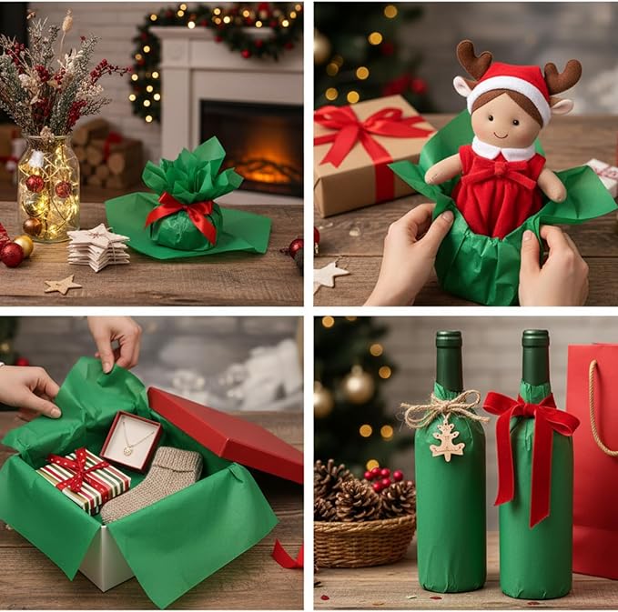 Qilery 500 Sheets Christmas Dark Green Tissue Paper Bulk for Gift Bags 20 x 30 Inch Acid Free Decoupage Packaging Wrapping Paper Sheets for Christmas Decoration DIY Crafts, Packing Supplies for Moving